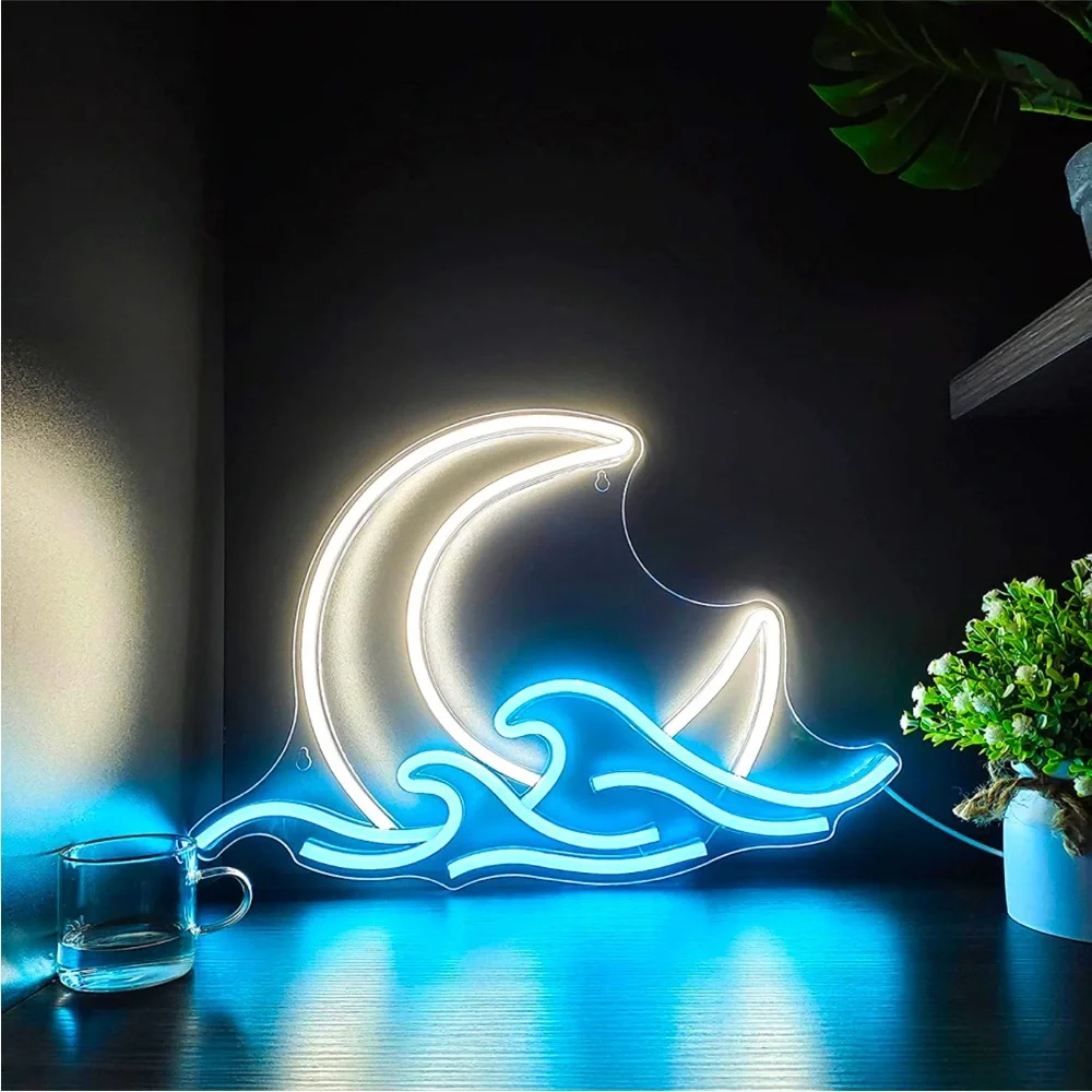Neon Moon Ocean Wave Paradise Bedroom Outdoor Indoor Japanese Anime Wall Decor - Picture 3 of 6